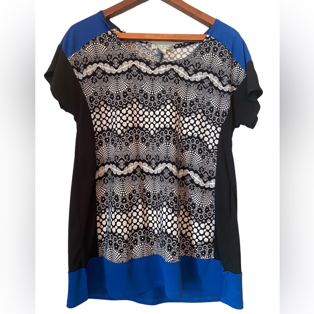 Vintage Suzie Black and White with Blue Short Sleeved Top
